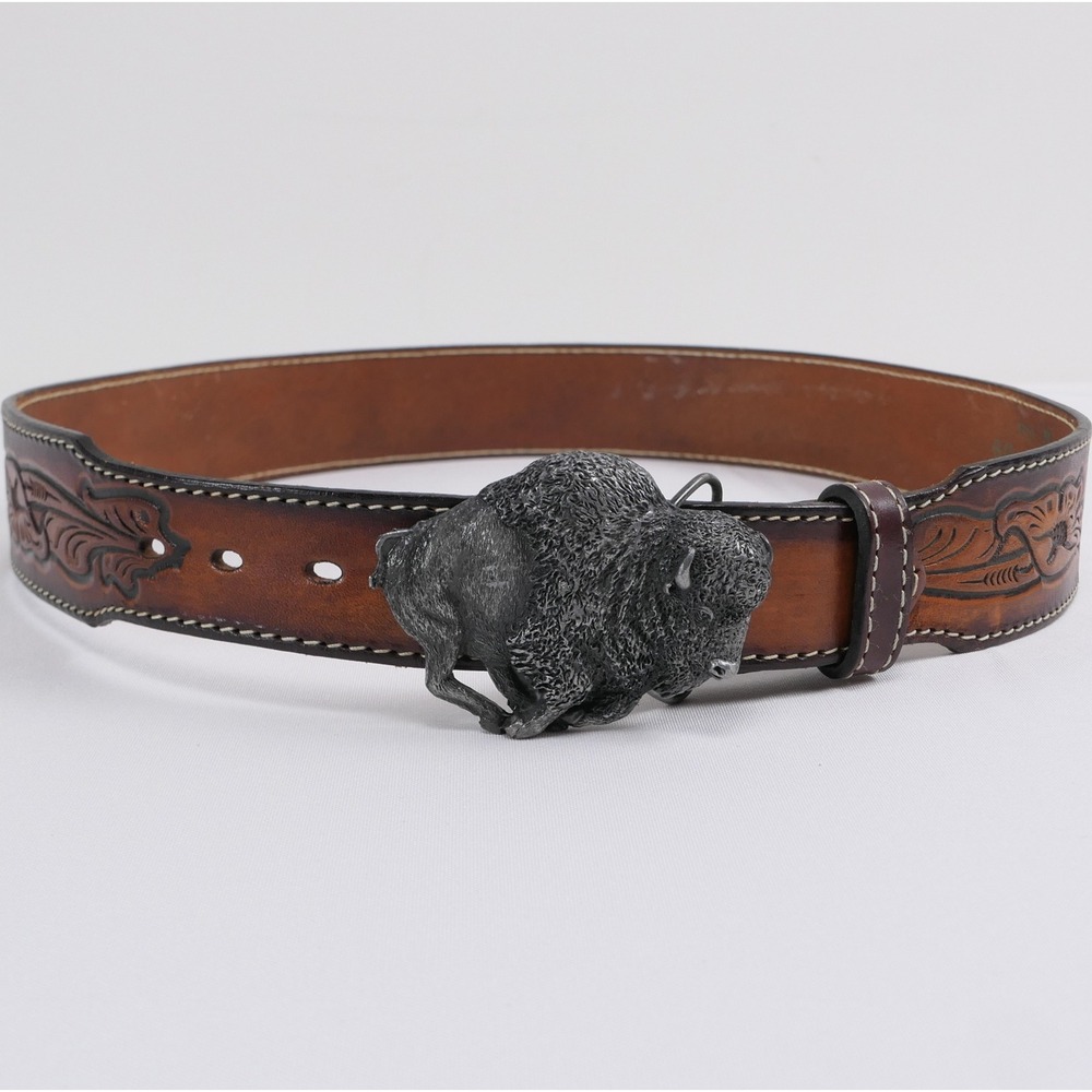 VTG Bergamot Brass Works Buffalo Buckle + Tooled Leather Eagle Belt Mens 34 1980